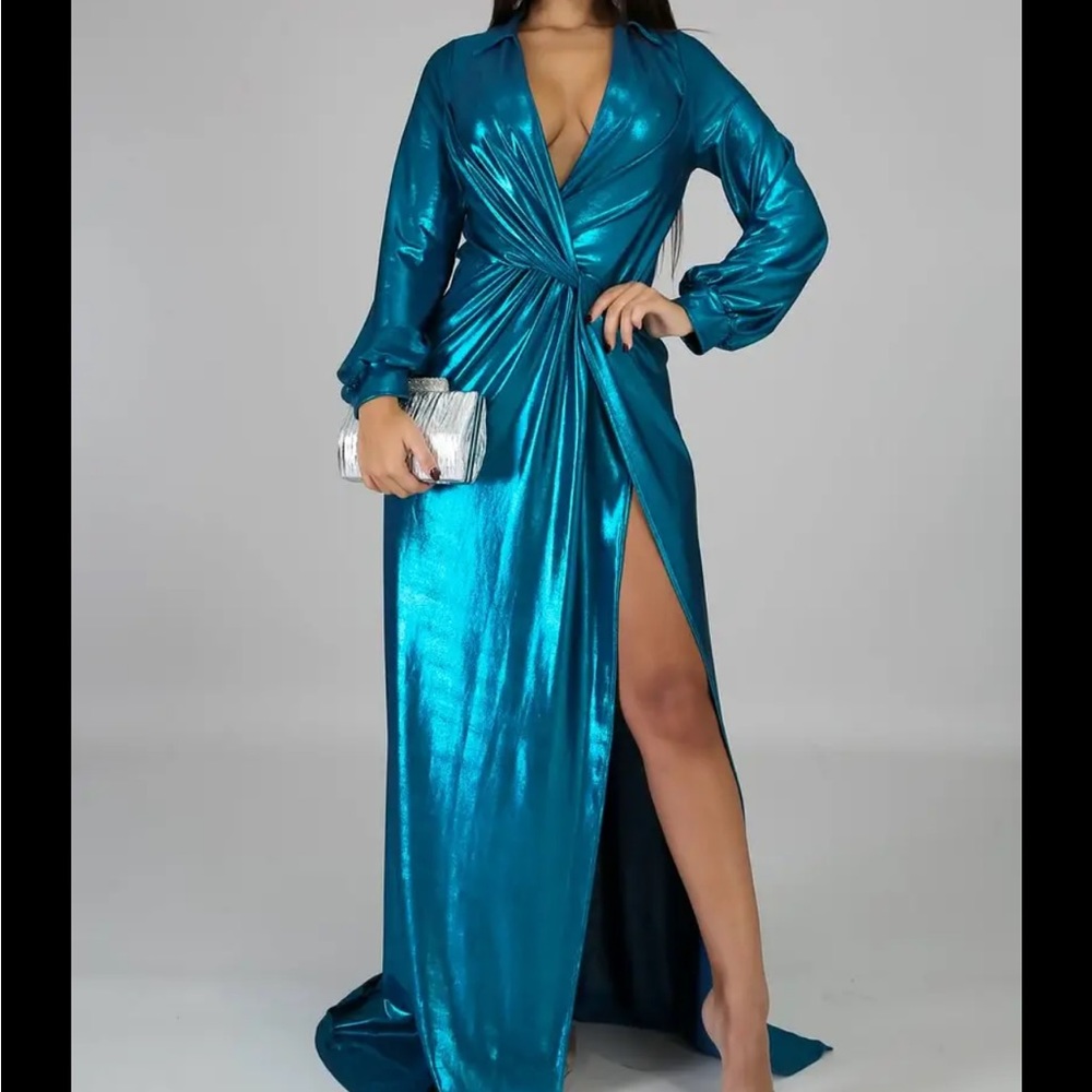 ZANZEA Metallic Long Sleeve Blue Dress